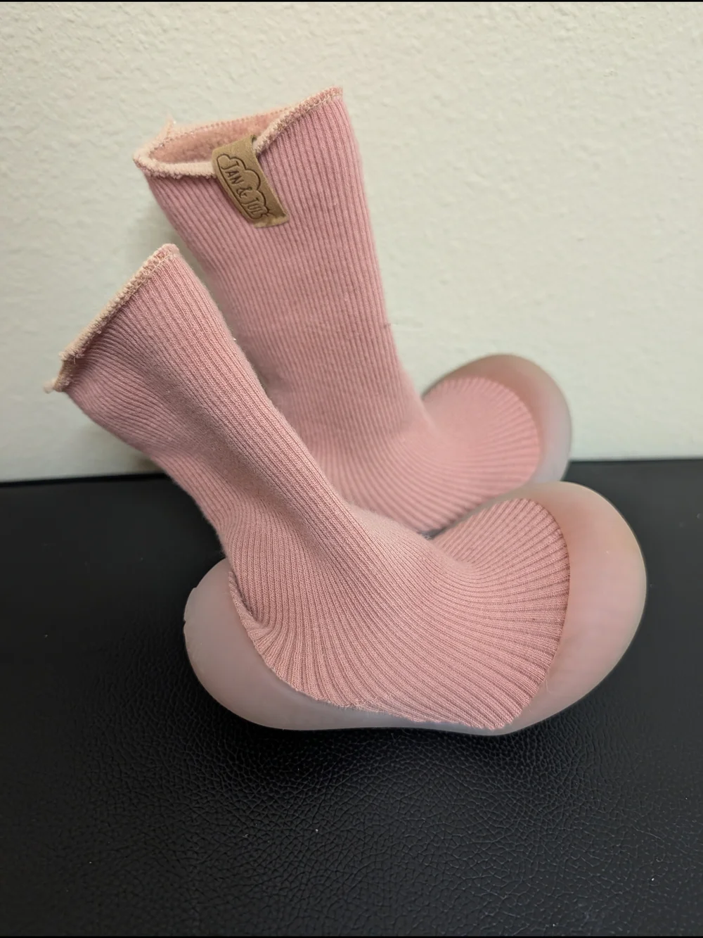 Jan and Jul Baby Sock Shoes Pink Ribbed Knit Rubber Sole Size 7